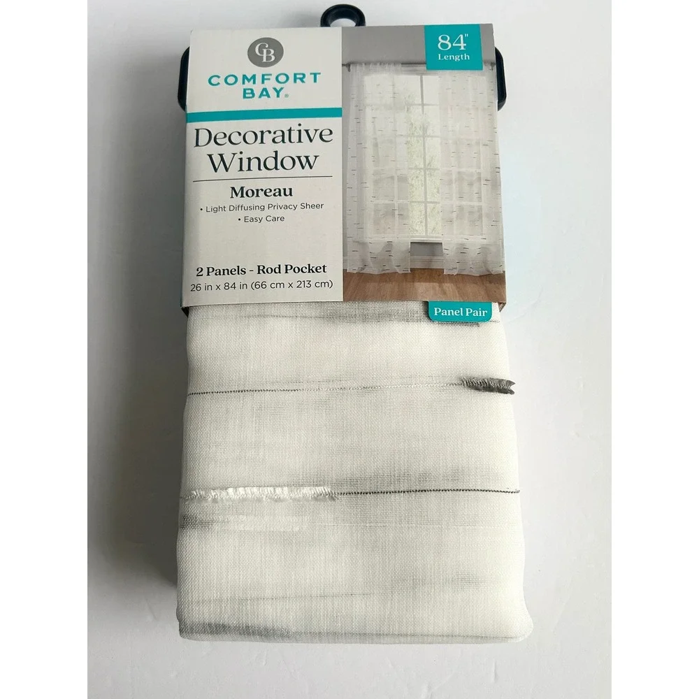 Comfort Bay Moreau Sheer Window Curtain Panels 26x84 White Gray Stripe 2pk